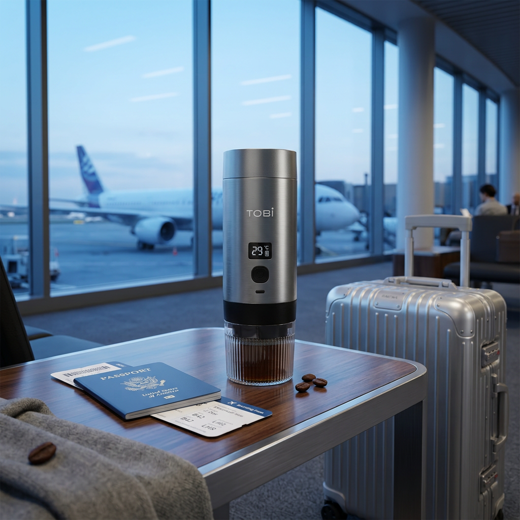 Thrive Collectives portable coffee machine on an airport lounge table beside a passport and suitcase