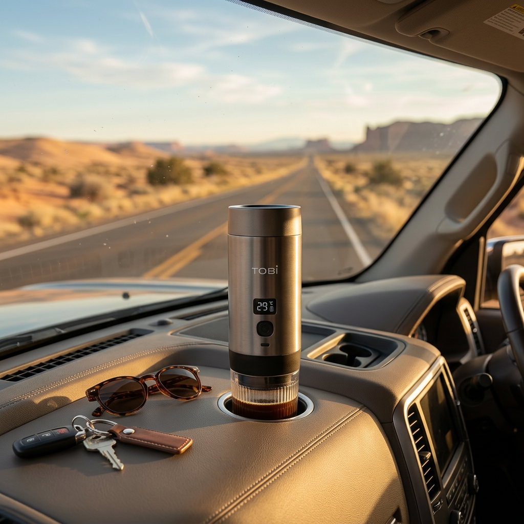 Thrive Collectives portable coffee machine in a car cupholder on an open desert road